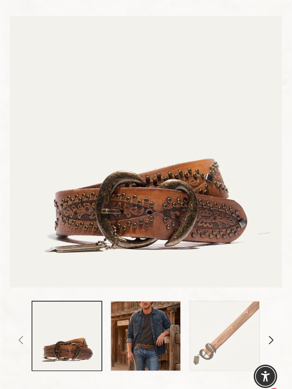 Will Leather Goods Brown Embossed Studded Leather Belt with Antique Brass Buckle